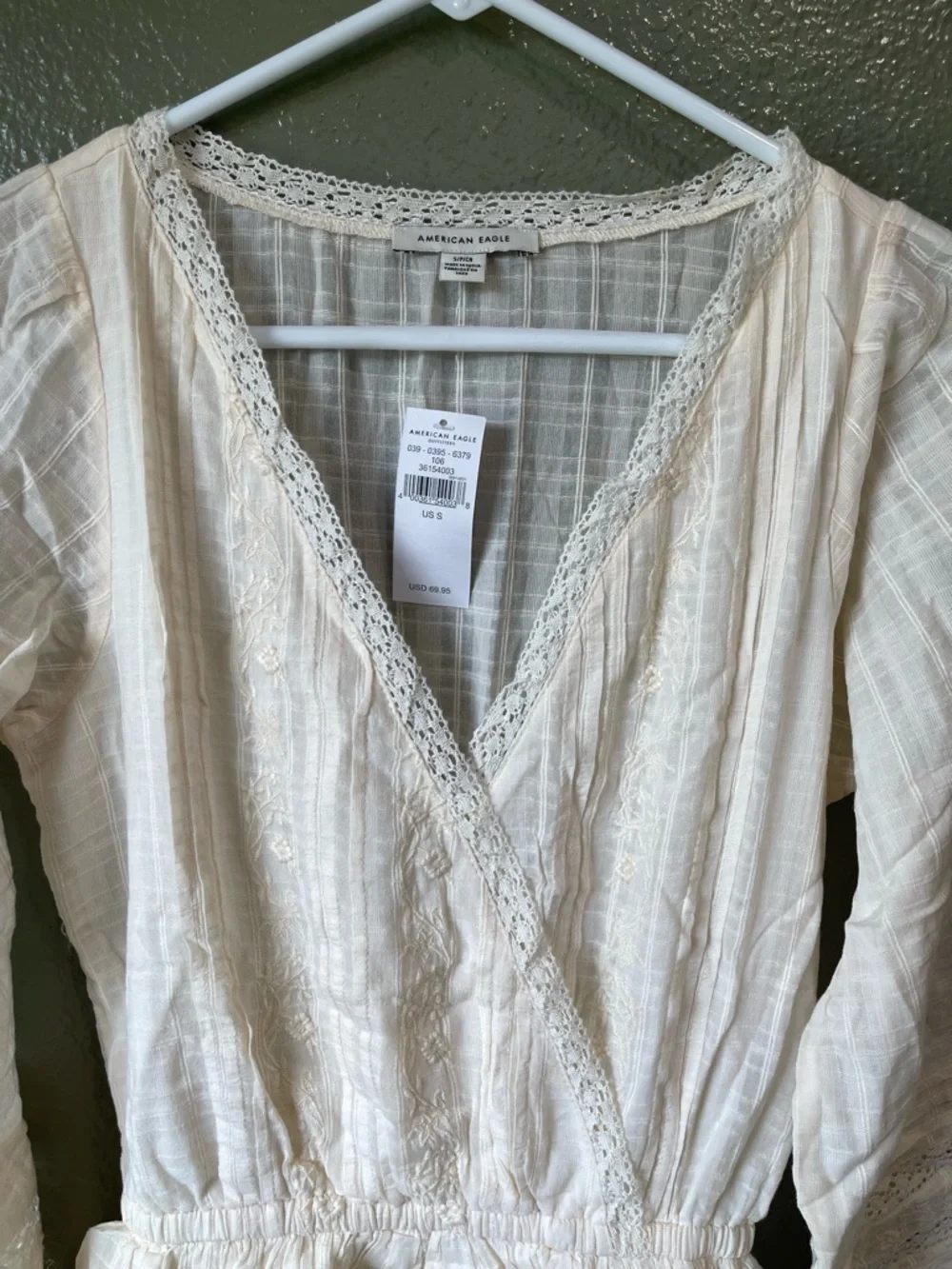 American Eagle Ivory Gauze Lace Trim Wrap Dress - Picture 3 of 5